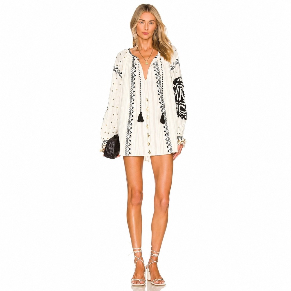 Free People Tallie Embroidered Tunic Ivory Combo Sequin Boho Blouse XS
